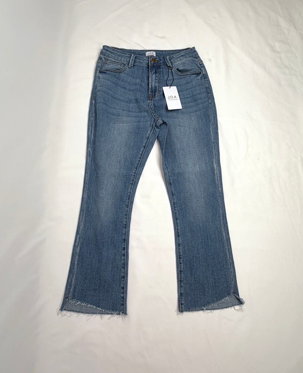 J.O.A. Womens 26 High Rise Cropped Flare Jeans Raw Hem Medium Wash Denim NWT
